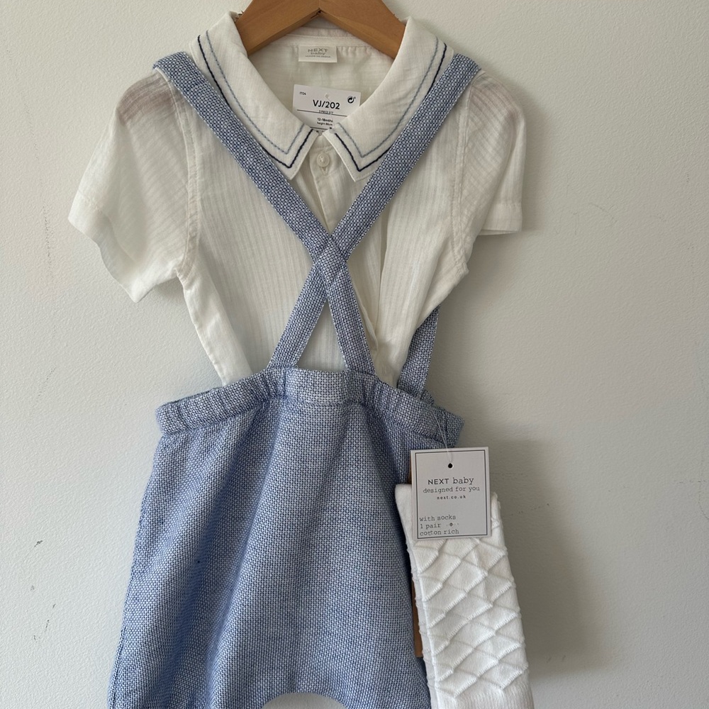 Blue and White Baby Outfit with Suspenders
